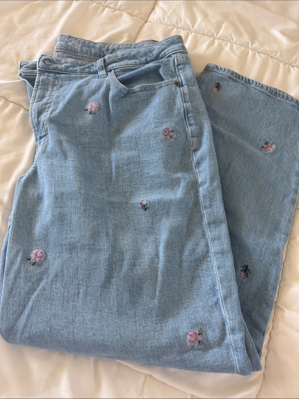 Old Navy Light Blue High Rise OG Loose Jeans with Pink Floral Embroidery
